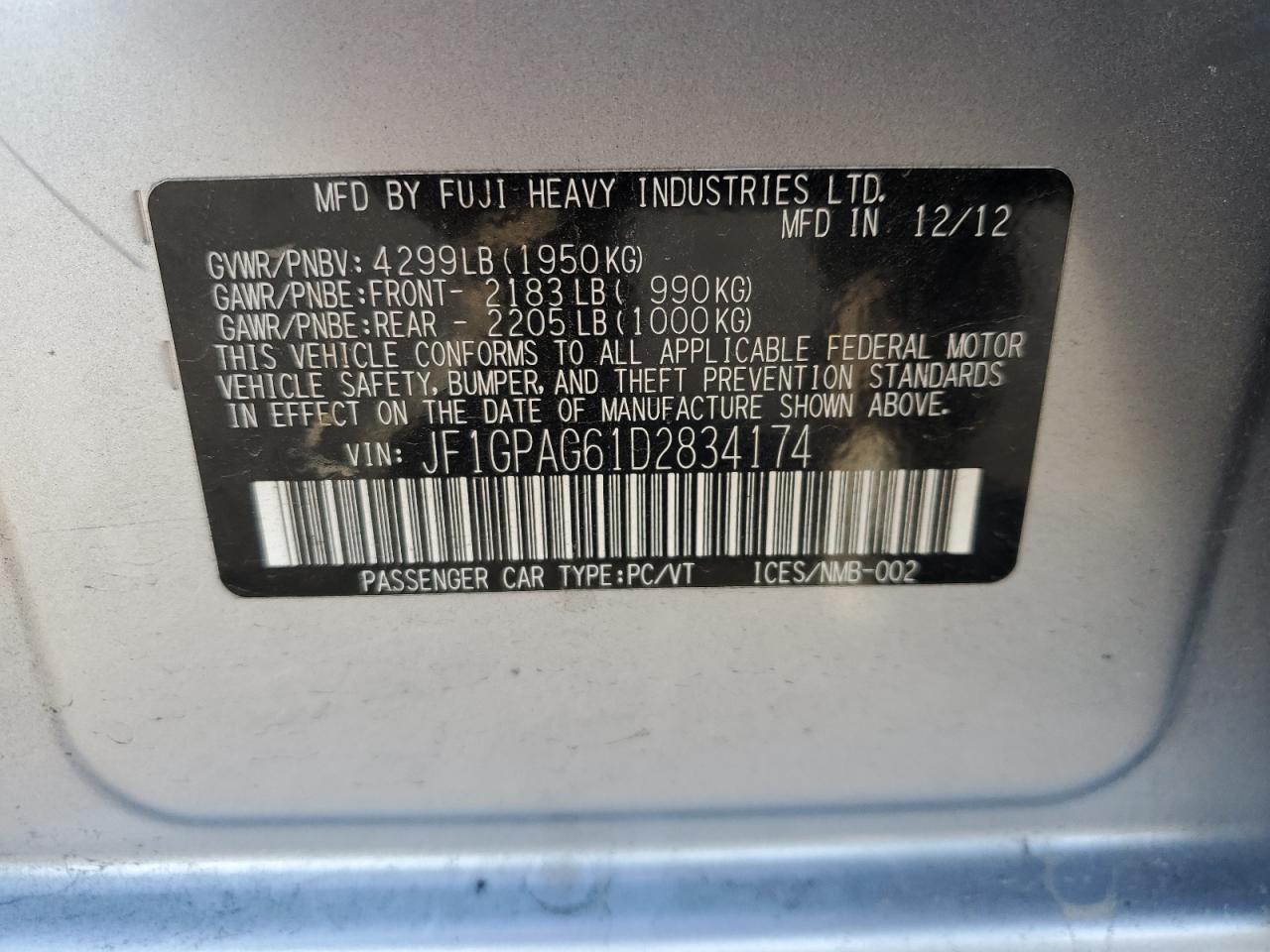 2013 Subaru Impreza Limited VIN: JF1GPAG61D2834174 Lot: 82435265