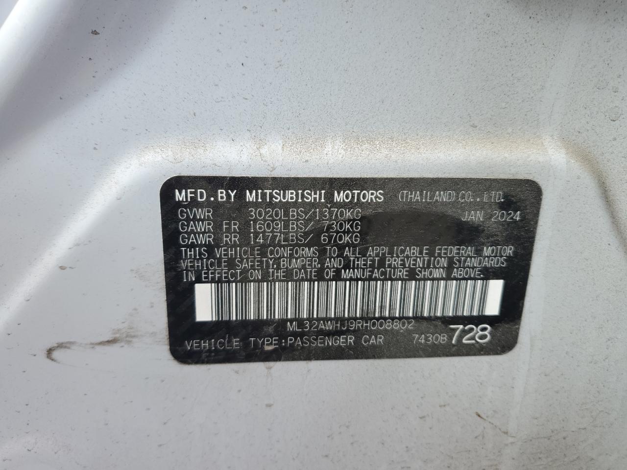 2024 Mitsubishi Mirage Se VIN: ML32AWHJ9RH008802 Lot: 84920115