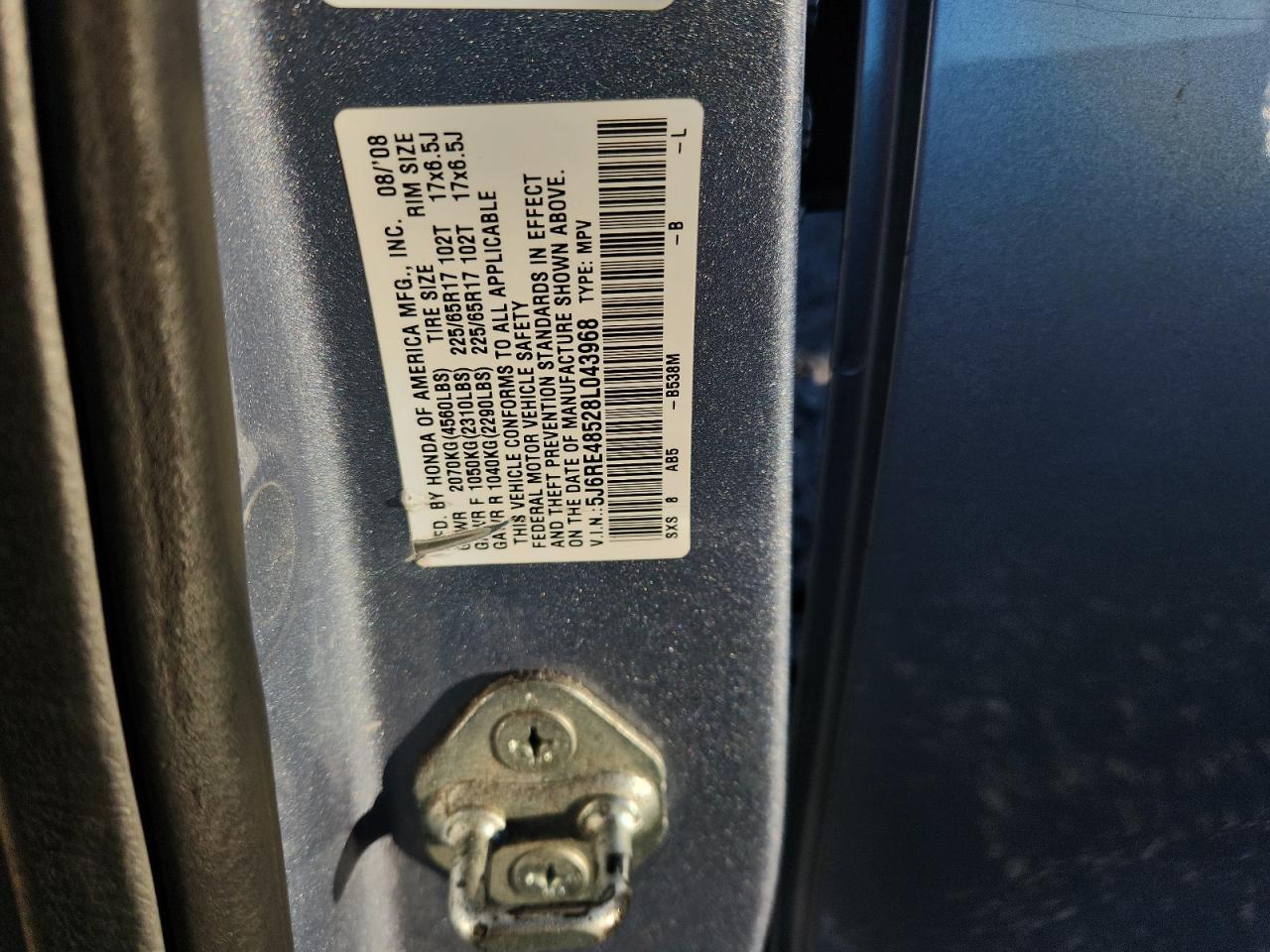 2008 Honda Cr-V Ex VIN: 5J6RE48528L043968 Lot: 82390795