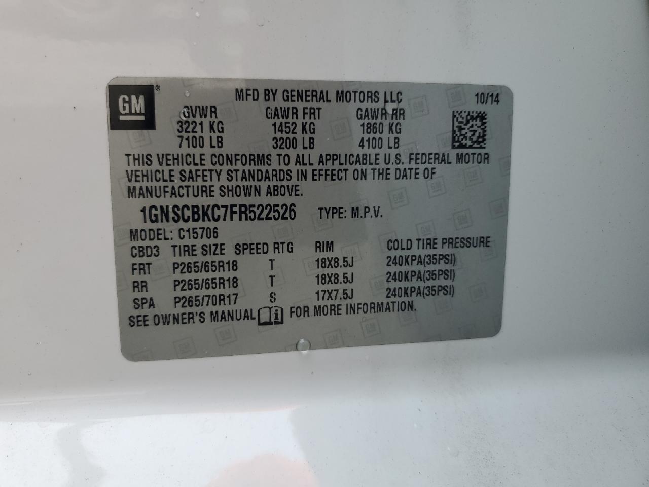 2015 Chevrolet Tahoe C1500 Lt VIN: 1GNSCBKC7FR522526 Lot: 84421915