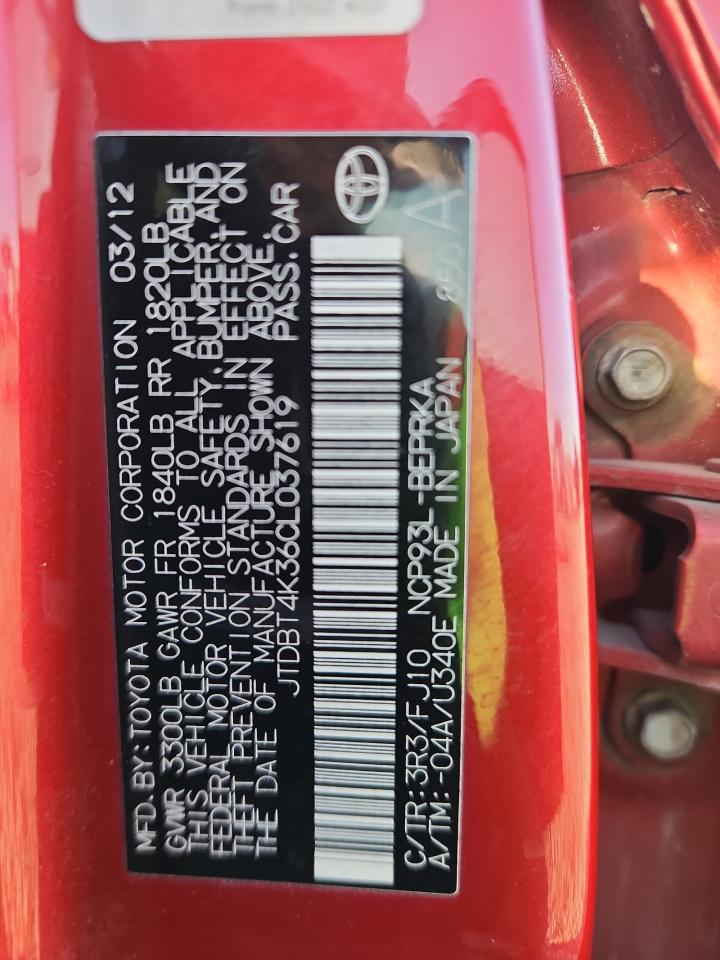 2012 Toyota Yaris VIN: JTDBT4K36CL037619 Lot: 80660365