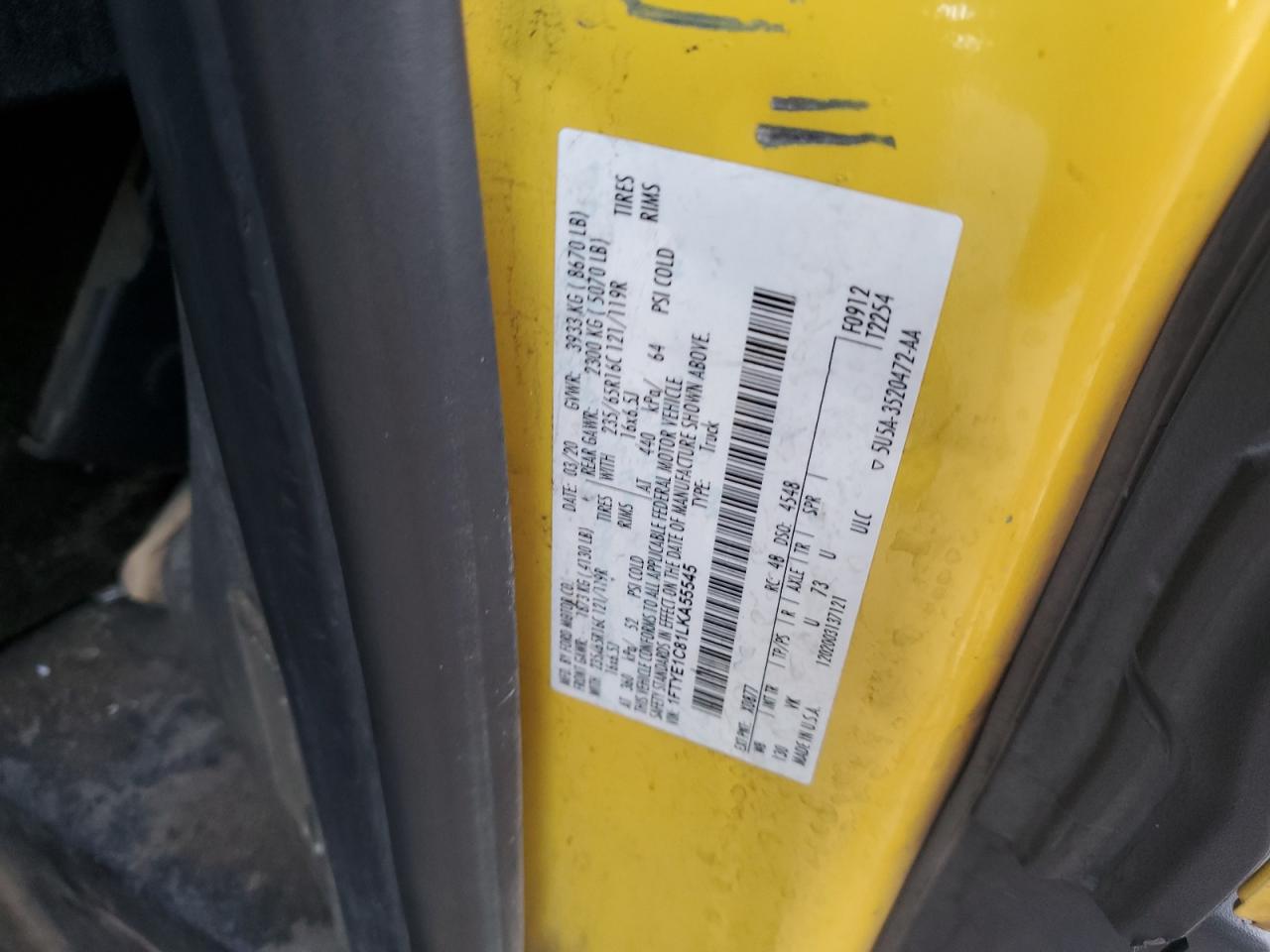 2020 Ford Transit T-150 VIN: 1FTYE1C81LKA55545 Lot: 85107125