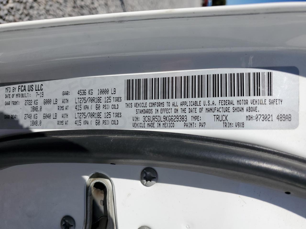 2019 Ram 2500 Big Horn VIN: 3C6UR5DL9KG629383 Lot: 82616615