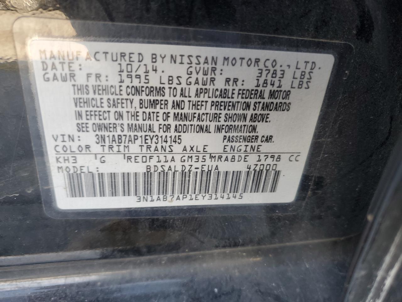 2014 Nissan Sentra S VIN: 3N1AB7AP1EY314145 Lot: 85153225