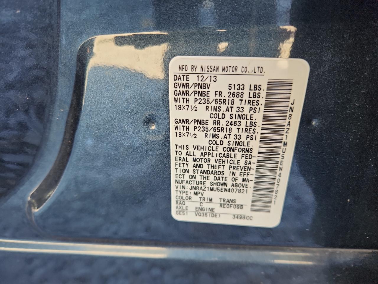 2014 Nissan Murano S VIN: JN8AZ1MU5EW407821 Lot: 86077445