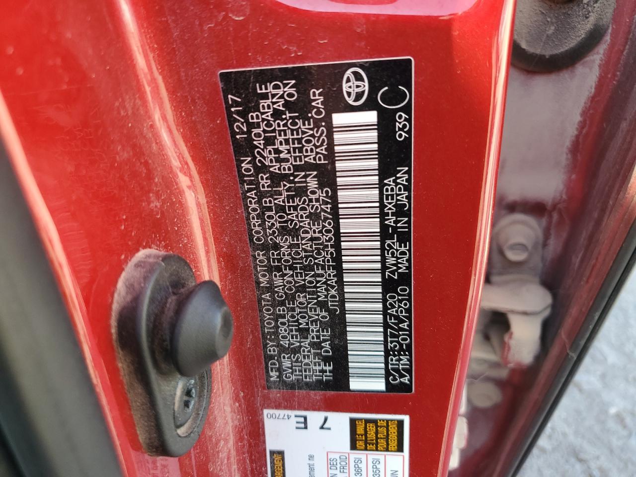 2017 Toyota Prius Prime VIN: JTDKARFP5H3067475 Lot: 87085165