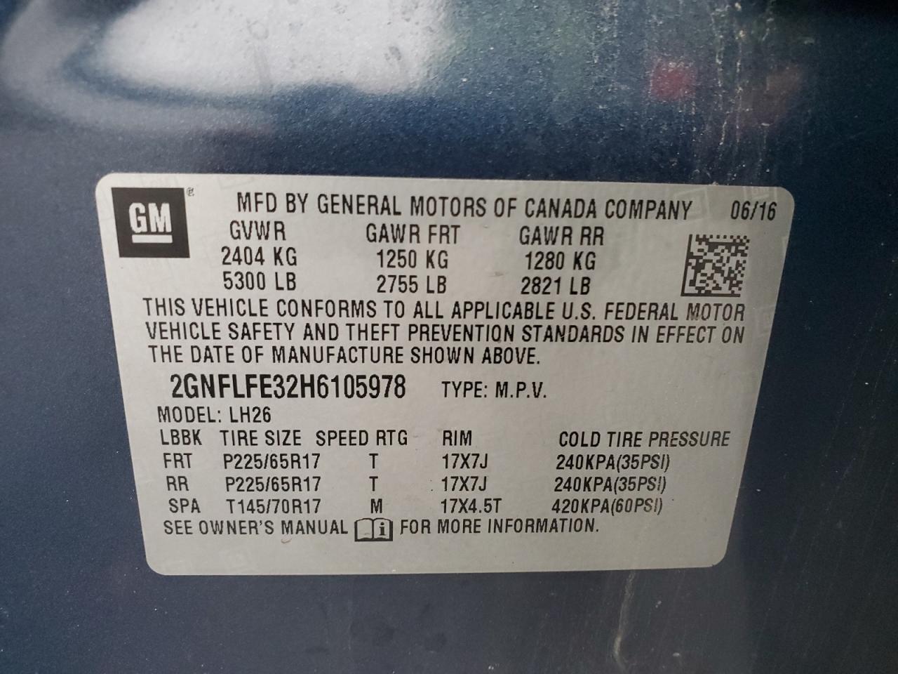 2017 Chevrolet Equinox Lt VIN: 2GNFLFE32H6105978 Lot: 86592295