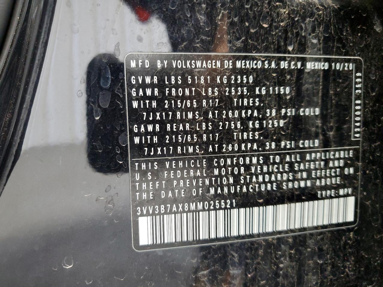 2021 Volkswagen Tiguan Se VIN: 3VV3B7AX8MM025521 Lot: 87438975