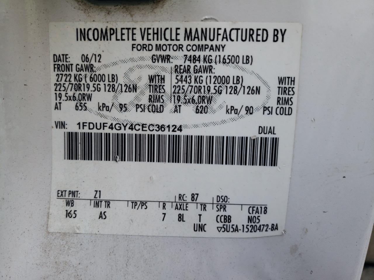 2012 Ford F450 Super Duty VIN: 1FDUF4GY4CEC36124 Lot: 85310565