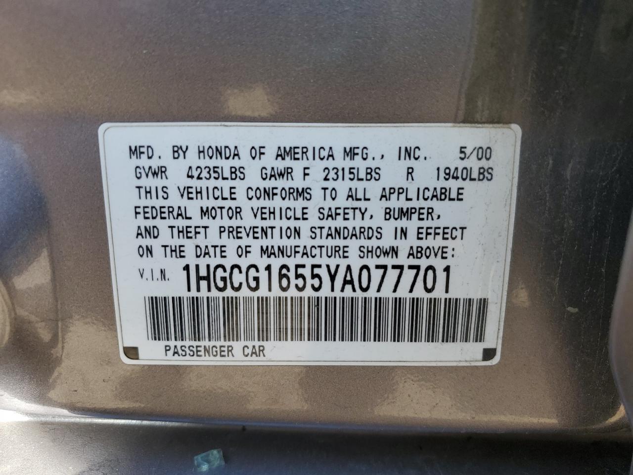 2000 Honda Accord Ex VIN: 1HGCG1655YA077701 Lot: 81989245