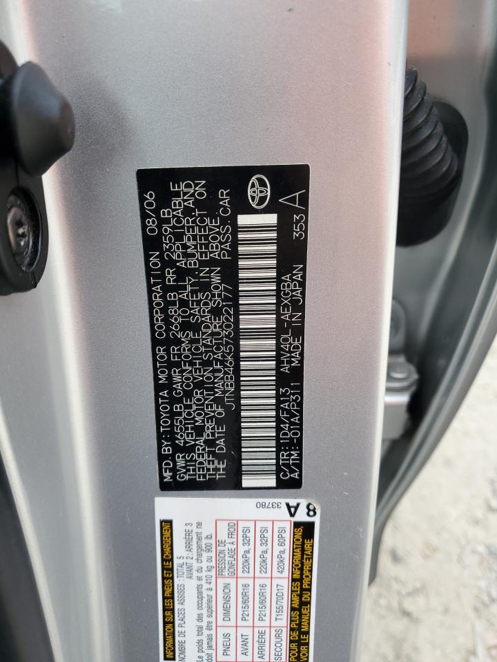 2007 Toyota Camry Hybrid VIN: JTNBB46K573022177 Lot: 85898305