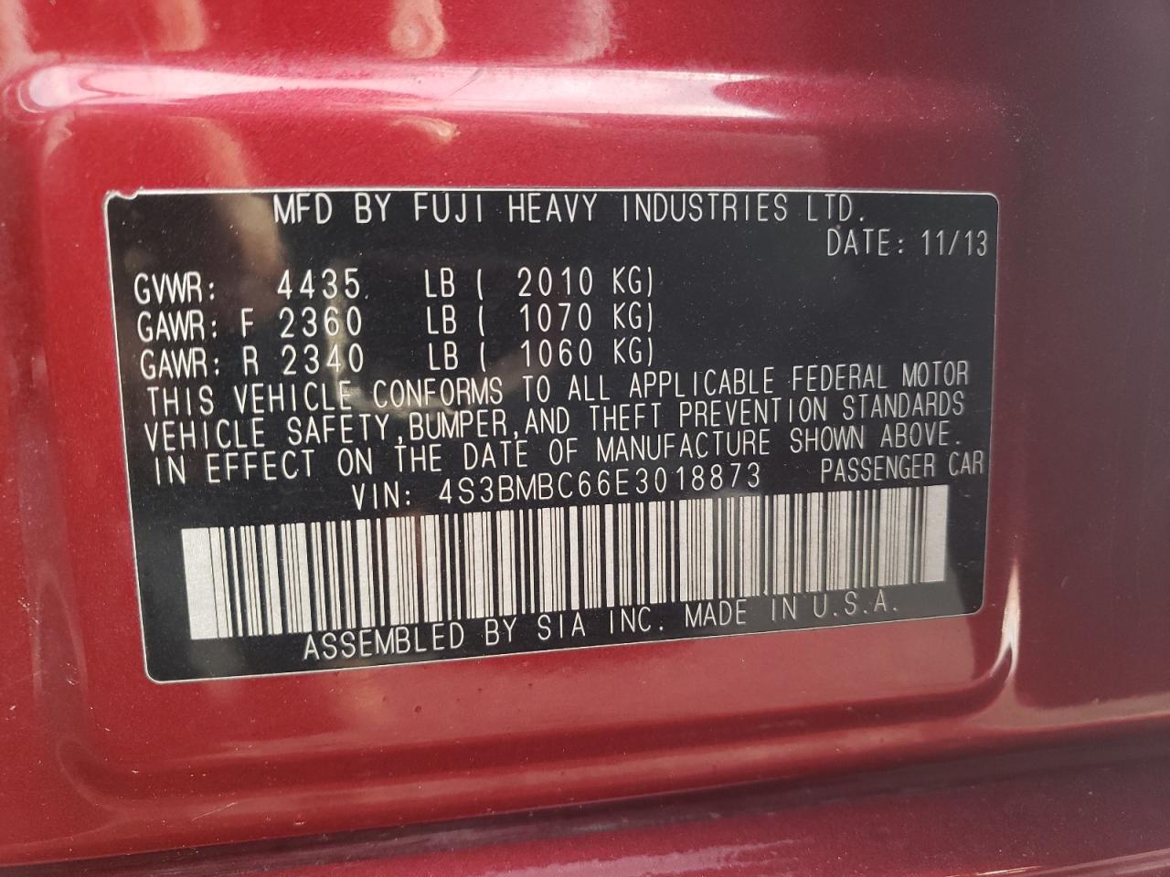 2014 Subaru Legacy 2.5I Premium VIN: 4S3BMBC66E3018873 Lot: 87472275