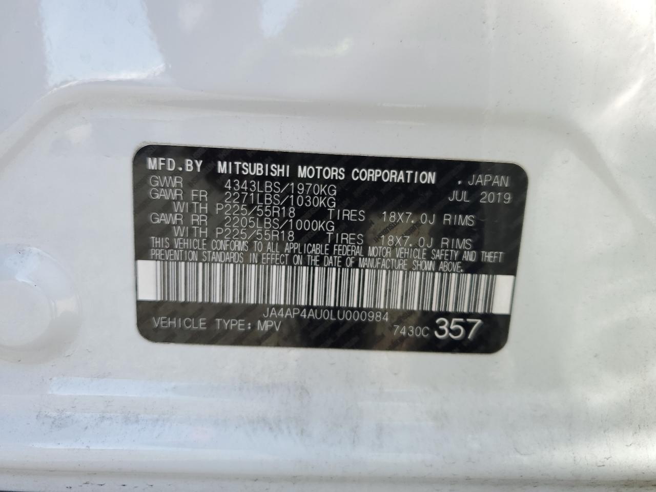 2020 Mitsubishi Outlander Sport Se VIN: JA4AP4AU0LU000984 Lot: 86900025