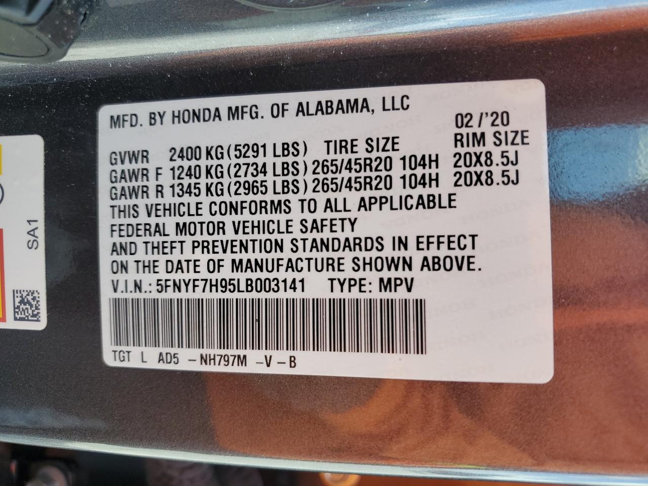 2020 Honda Passport Touring VIN: 5FNYF7H95LB003141 Lot: 85012245