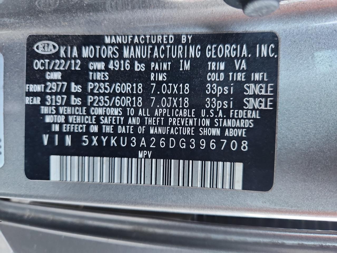 2013 Kia Sorento Ex VIN: 5XYKU3A26DG396708 Lot: 82445375