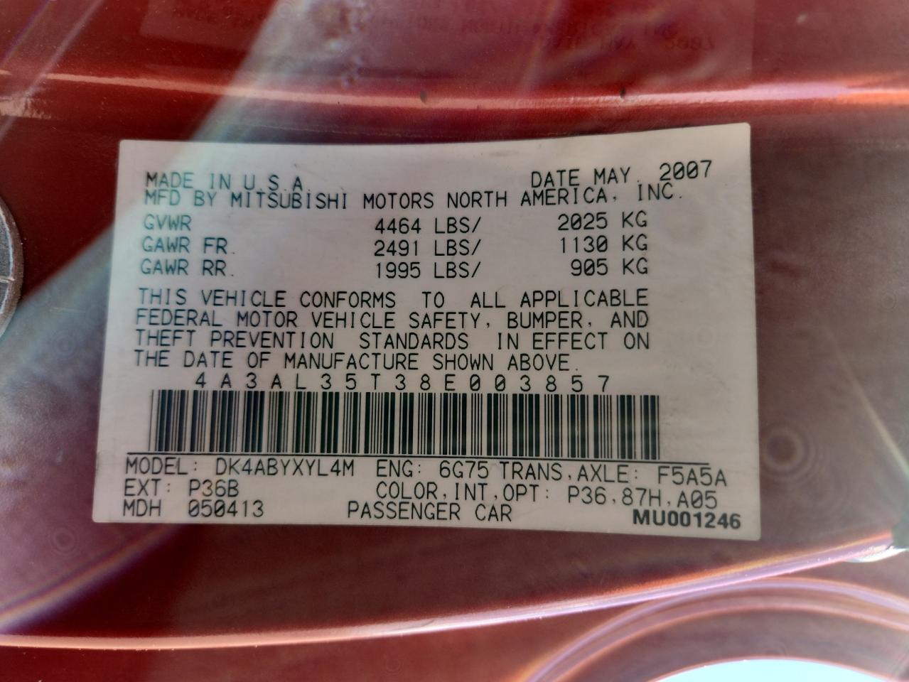 2008 Mitsubishi Eclipse Spyder Gt VIN: 4A3AL35T38E003857 Lot: 85106865