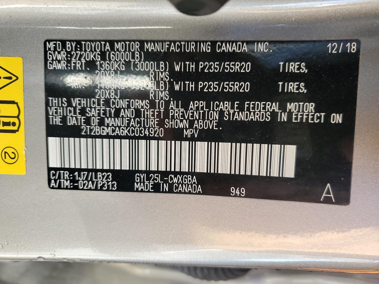 2019 Lexus Rx 450H Base VIN: 2T2BGMCA6KC034920 Lot: 87097815