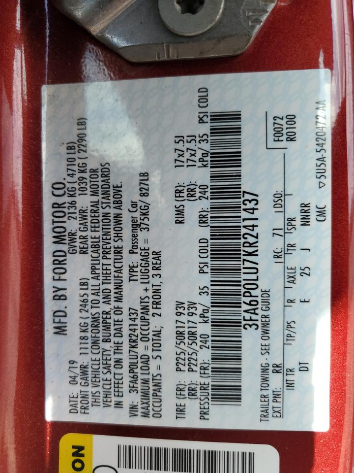 2019 Ford Fusion Se VIN: 3FA6P0LU7KR241437 Lot: 86649515