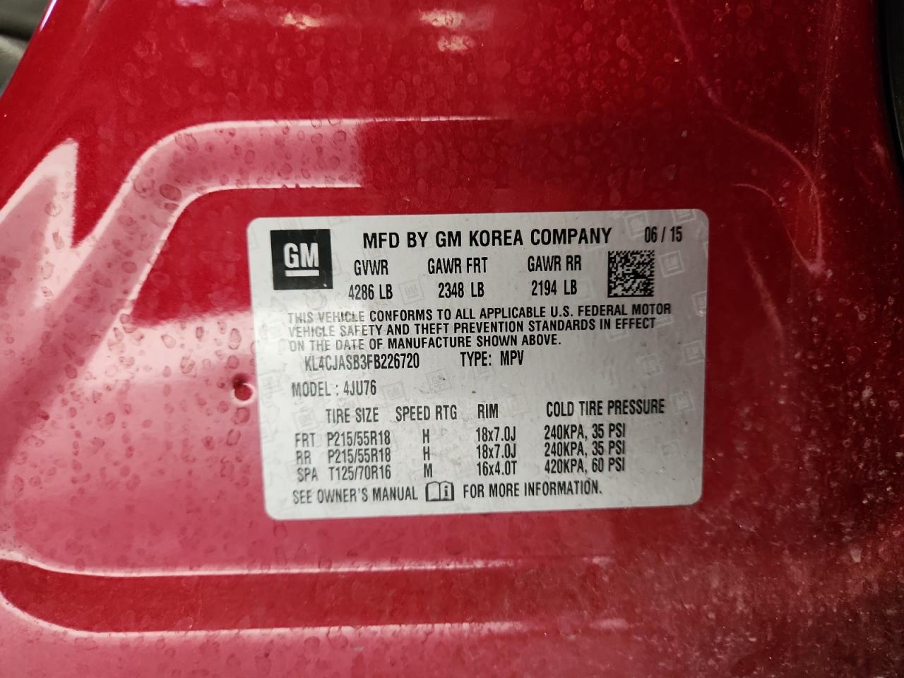 2015 Buick Encore VIN: KL4CJASB3FB226720 Lot: 84565265