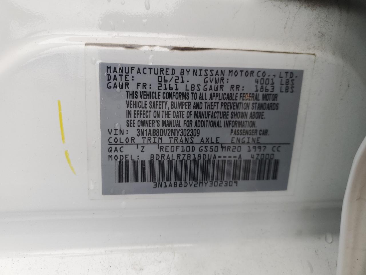 2021 Nissan Sentra Sr VIN: 3N1AB8DV2MY302309 Lot: 82250675