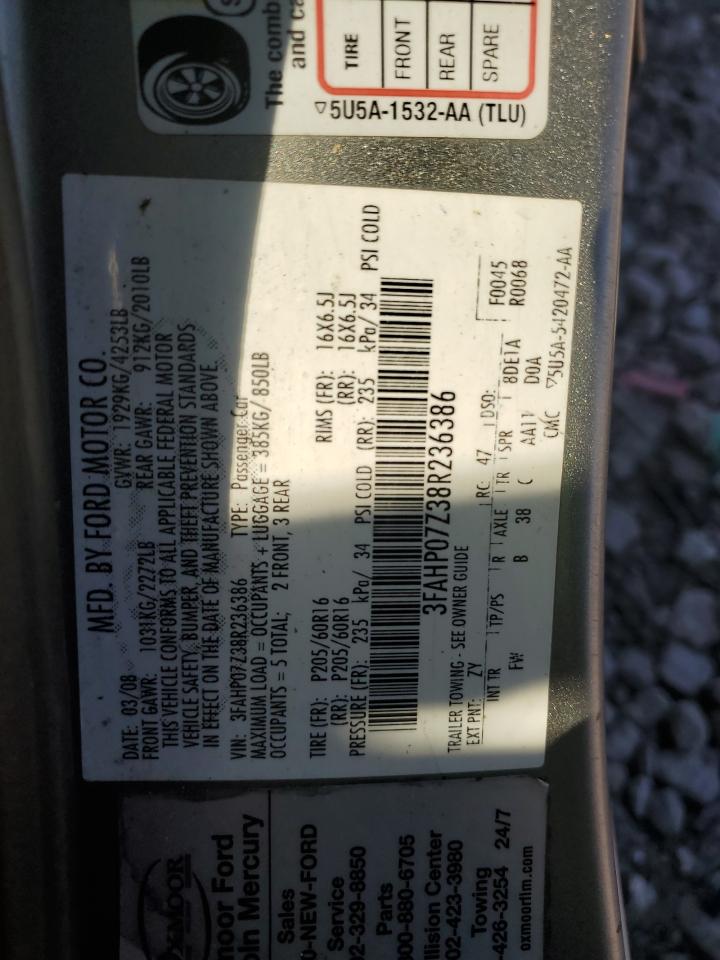 2008 Ford Fusion Se VIN: 3FAHP07Z38R236386 Lot: 87416415