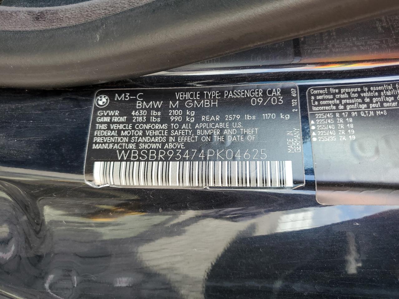2004 BMW M3 VIN: WBSBR93474PK04625 Lot: 85012175
