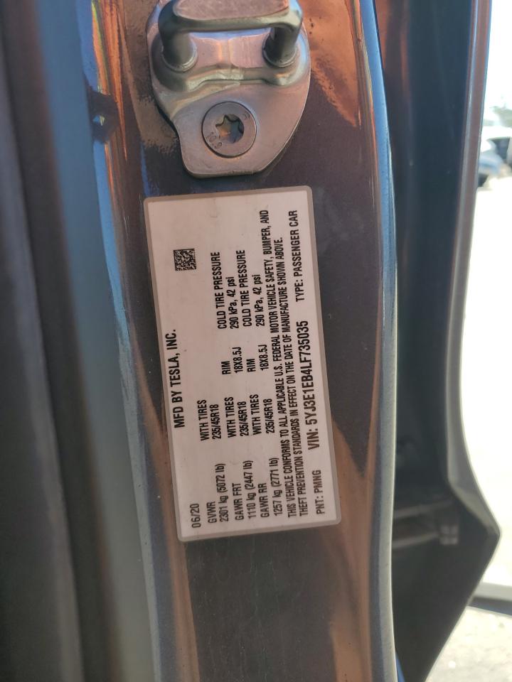 2020 Tesla Model 3 VIN: 5YJ3E1EB4LF735035 Lot: 85360815
