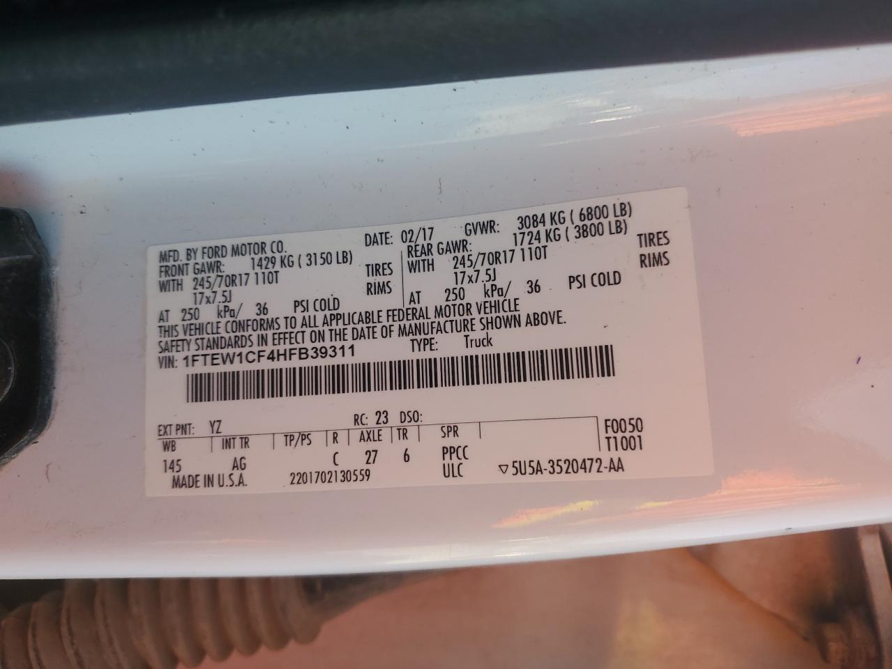 2017 Ford F150 Supercrew VIN: 1FTEW1CF4HFB39311 Lot: 84748565