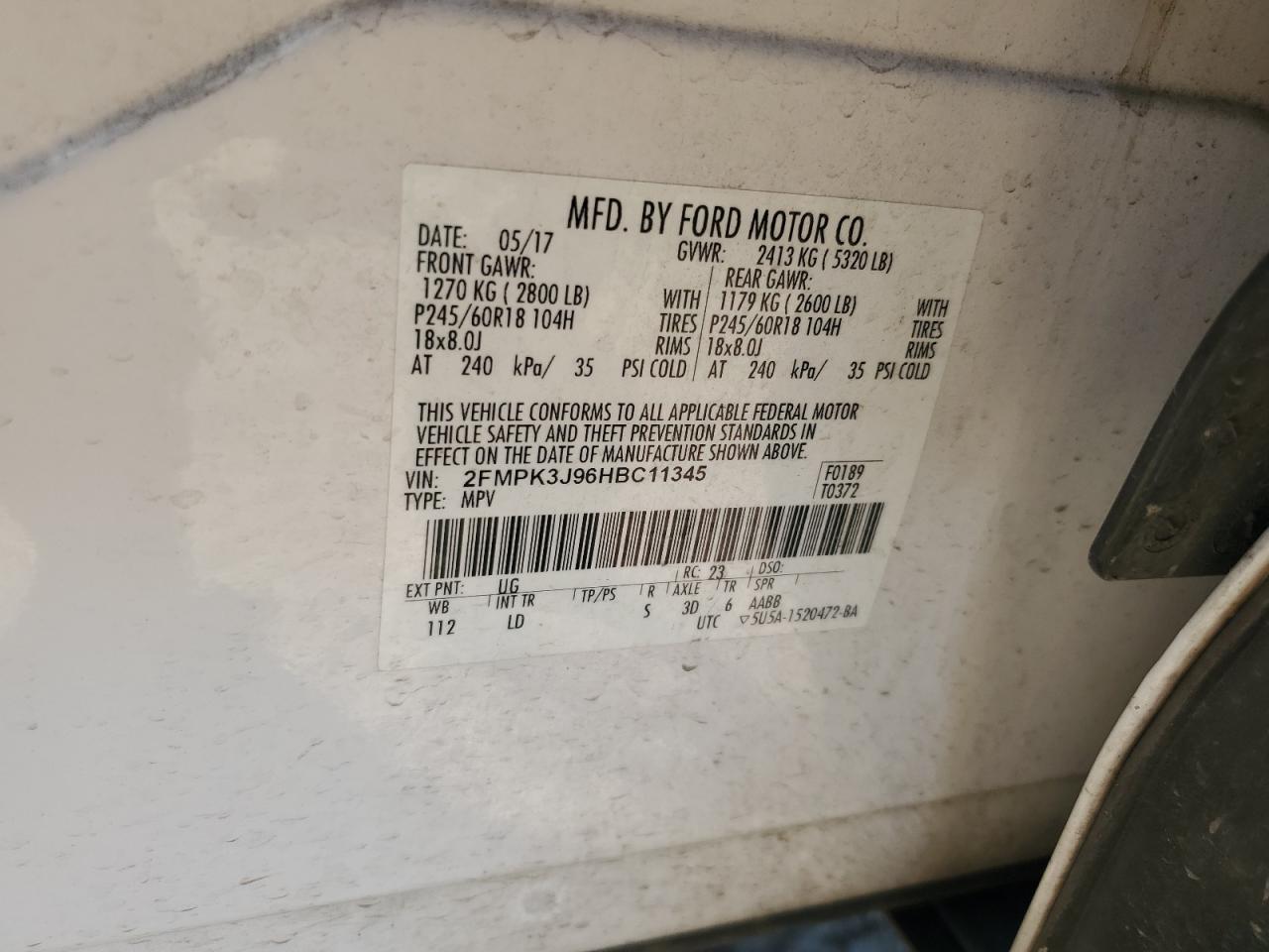 2017 Ford Edge Sel VIN: 2FMPK3J96HBC11345 Lot: 86657705