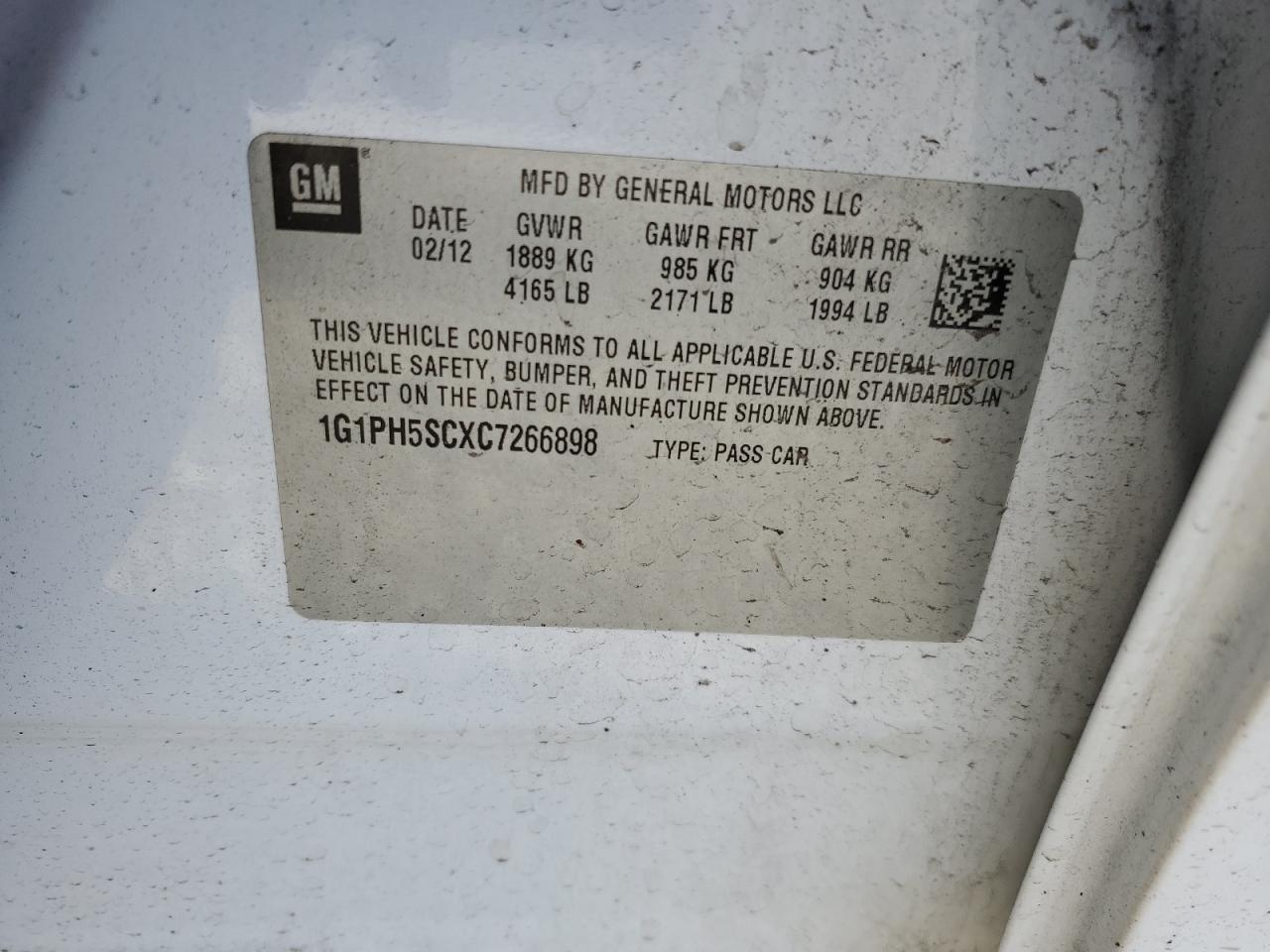 2012 Chevrolet Cruze Ltz VIN: 1G1PH5SCXC7266898 Lot: 85145215