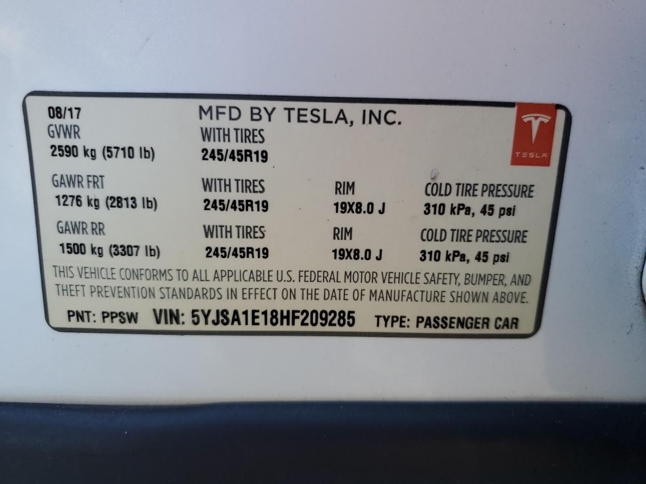 2017 Tesla Model S VIN: 5YJSA1E18HF209285 Lot: 86659065