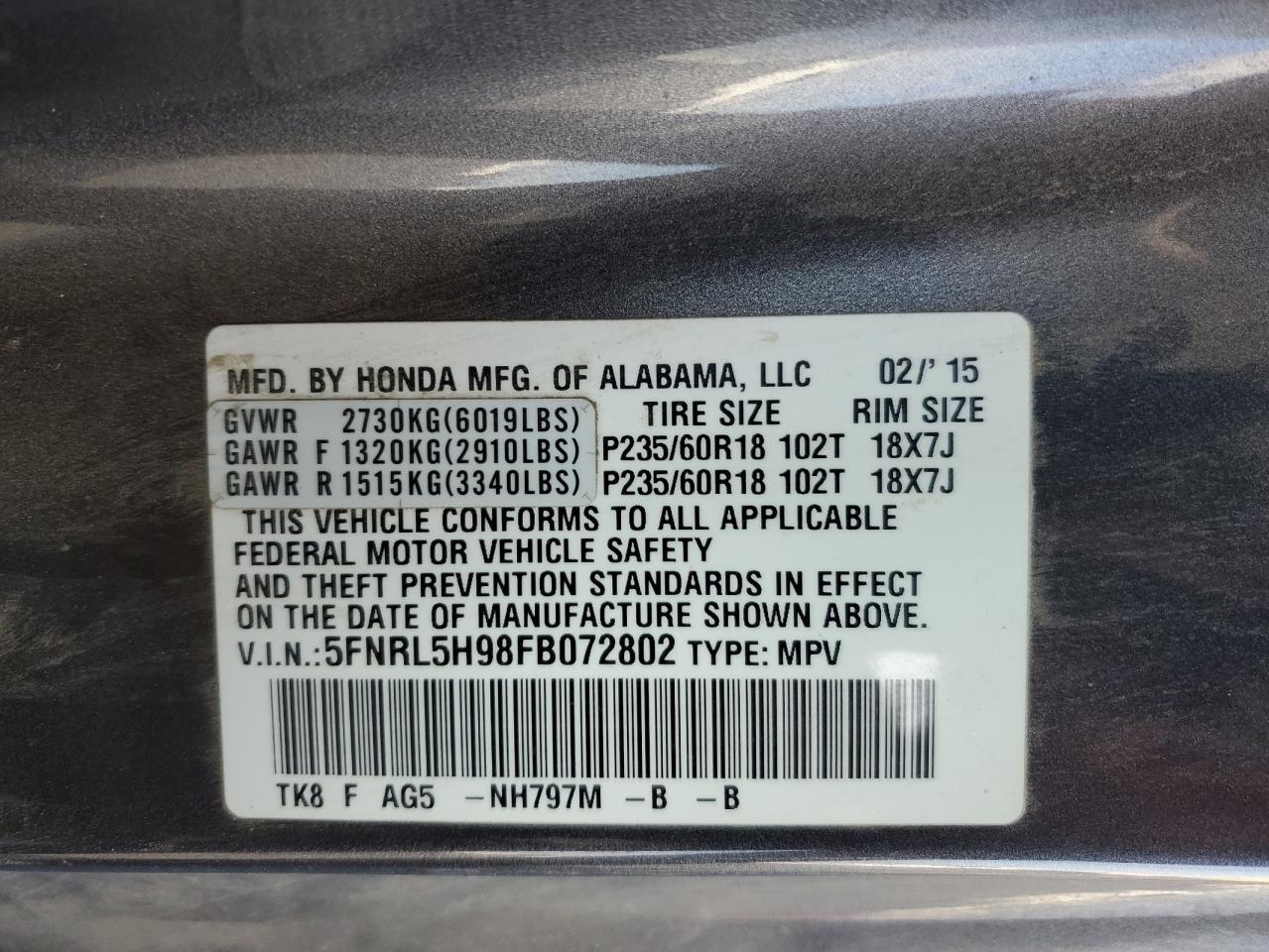 2015 Honda Odyssey Touring VIN: 5FNRL5H98FB072802 Lot: 87123835