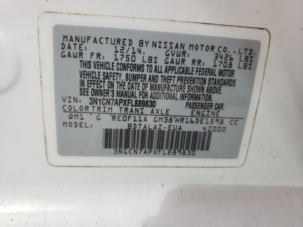 2015 Nissan Versa S VIN: 3N1CN7APXFL889830 Lot: 84057625