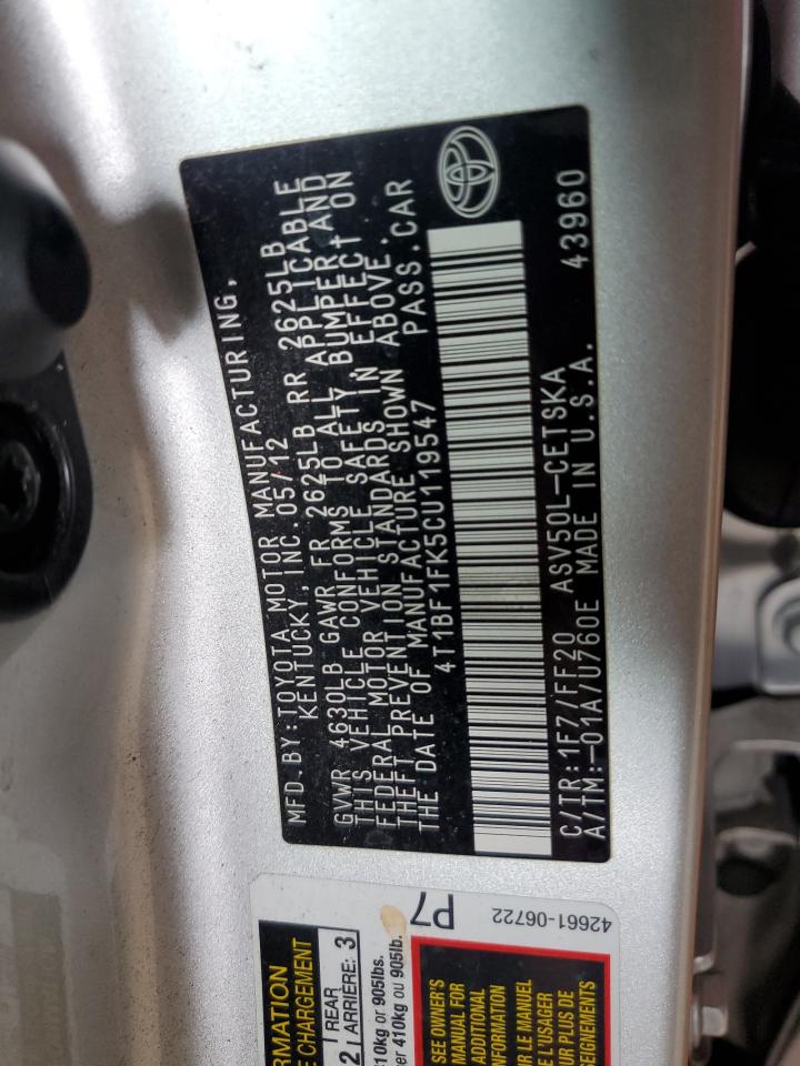 2012 Toyota Camry Base VIN: 4T1BF1FK5CU119547 Lot: 85925335