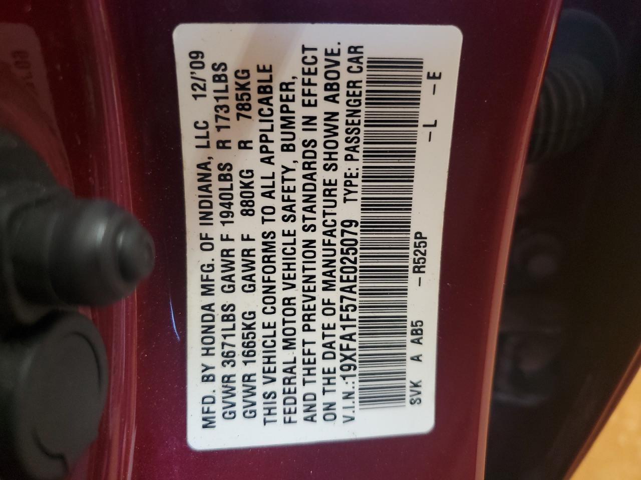 2010 Honda Civic Lx VIN: 19XFA1F57AE025079 Lot: 70094655