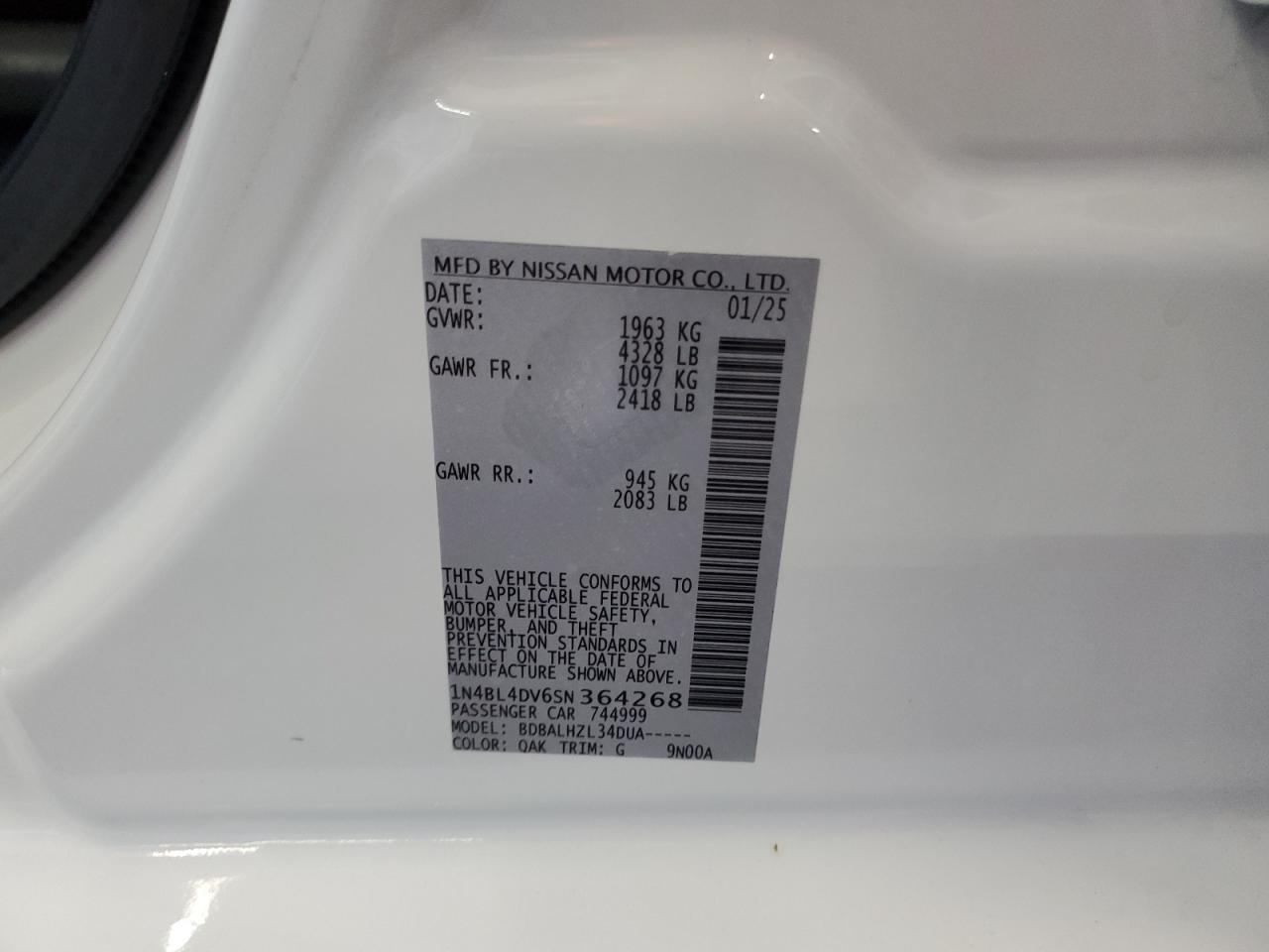 2025 Nissan Altima Sv VIN: 1N4BL4DV6SN364268 Lot: 86813565