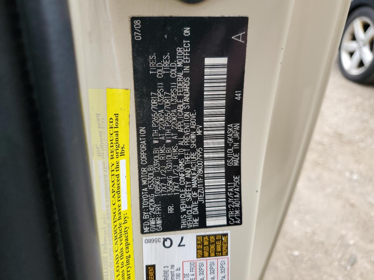 2008 Toyota Fj Cruiser VIN: JTEZU11F78K007995 Lot: 82435695