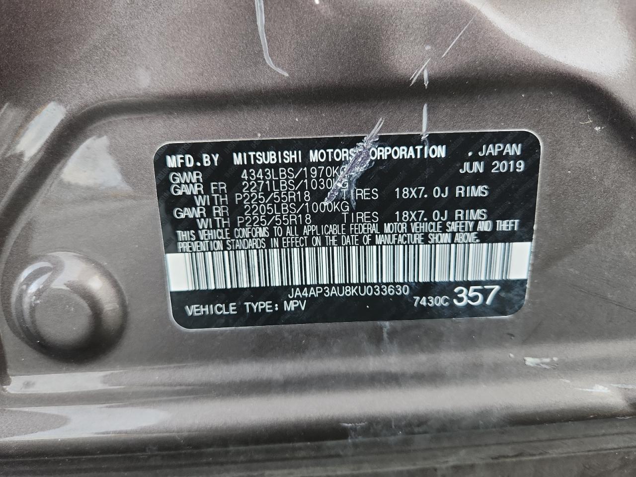 2019 Mitsubishi Outlander Sport Es VIN: JA4AP3AU8KU033630 Lot: 90671285