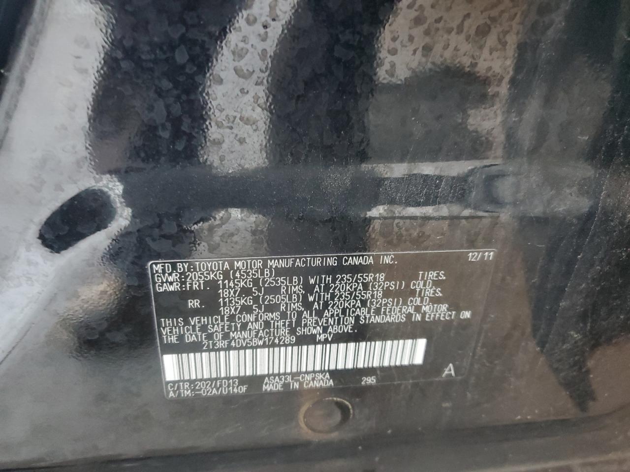 2011 Toyota Rav4 Sport VIN: 2T3RF4DV5BW174289 Lot: 86210045