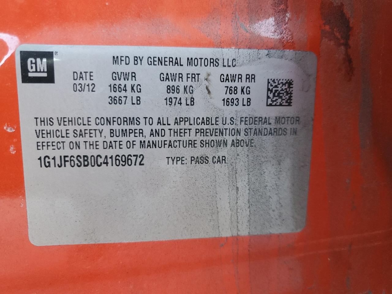 2012 Chevrolet Sonic Ltz VIN: 1G1JF6SB0C4169672 Lot: 85825135