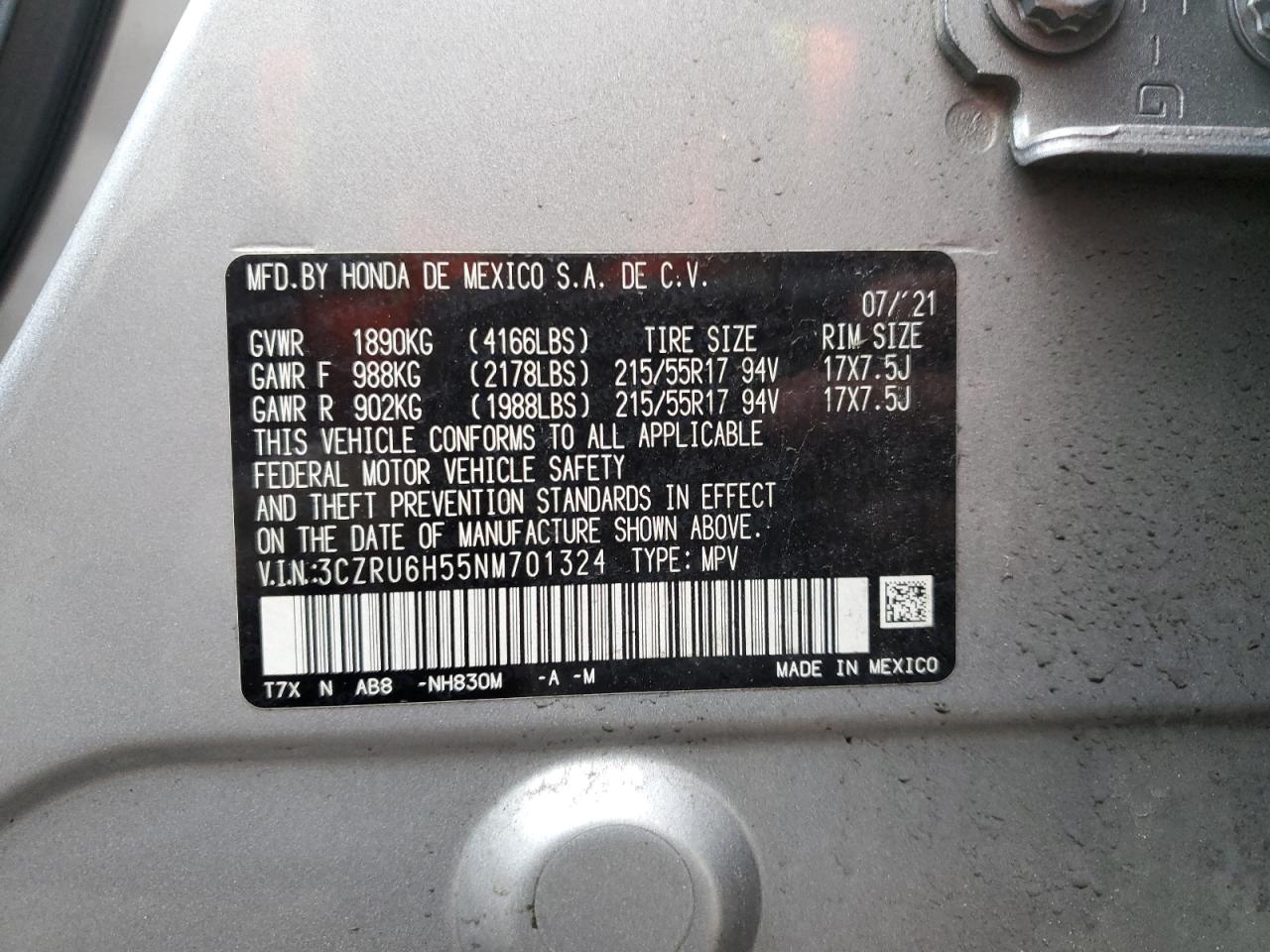 2022 Honda Hr-V Ex VIN: 3CZRU6H55NM701324 Lot: 86094985