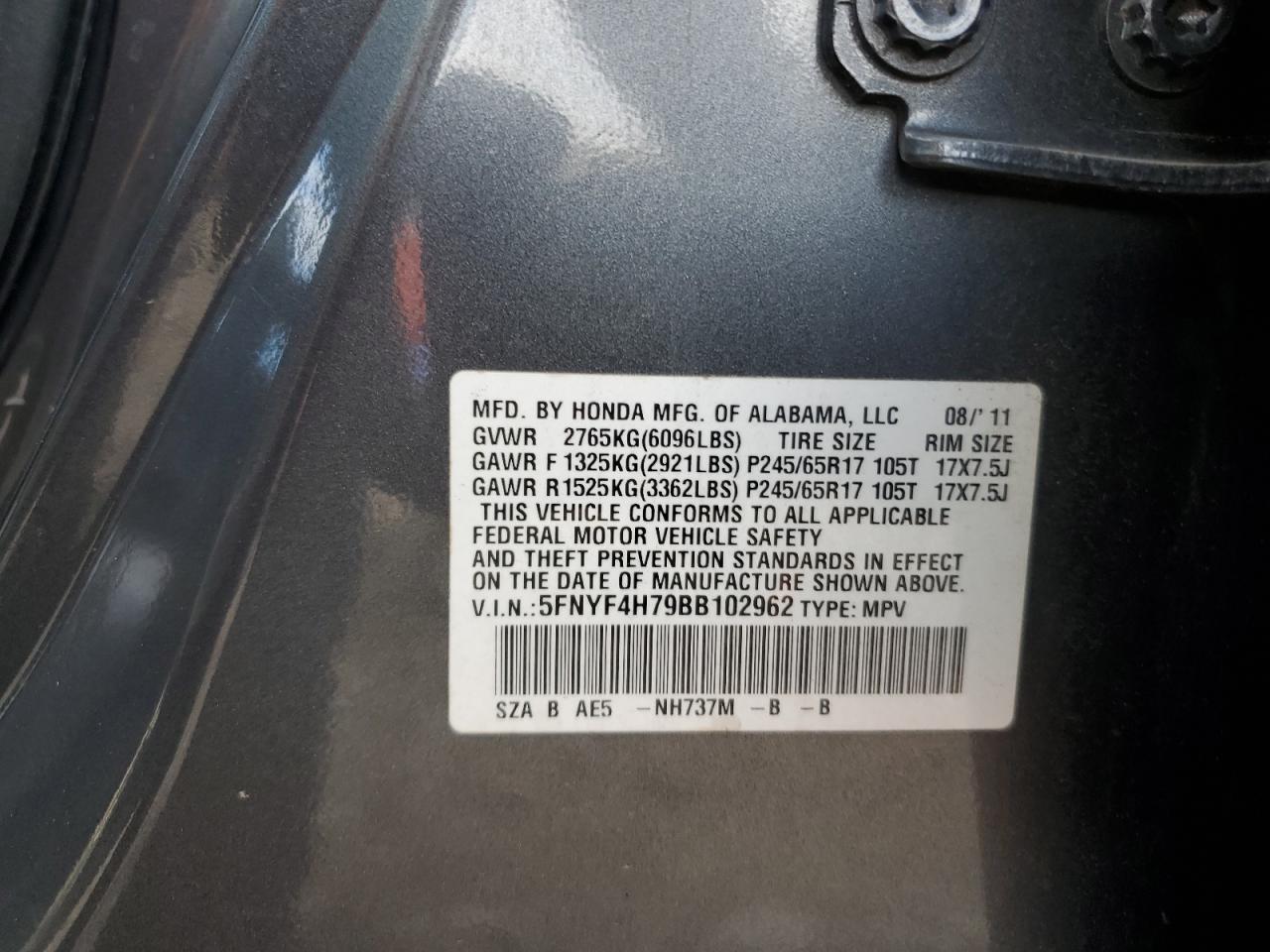 2011 Honda Pilot Exln VIN: 5FNYF4H79BB102962 Lot: 86706705