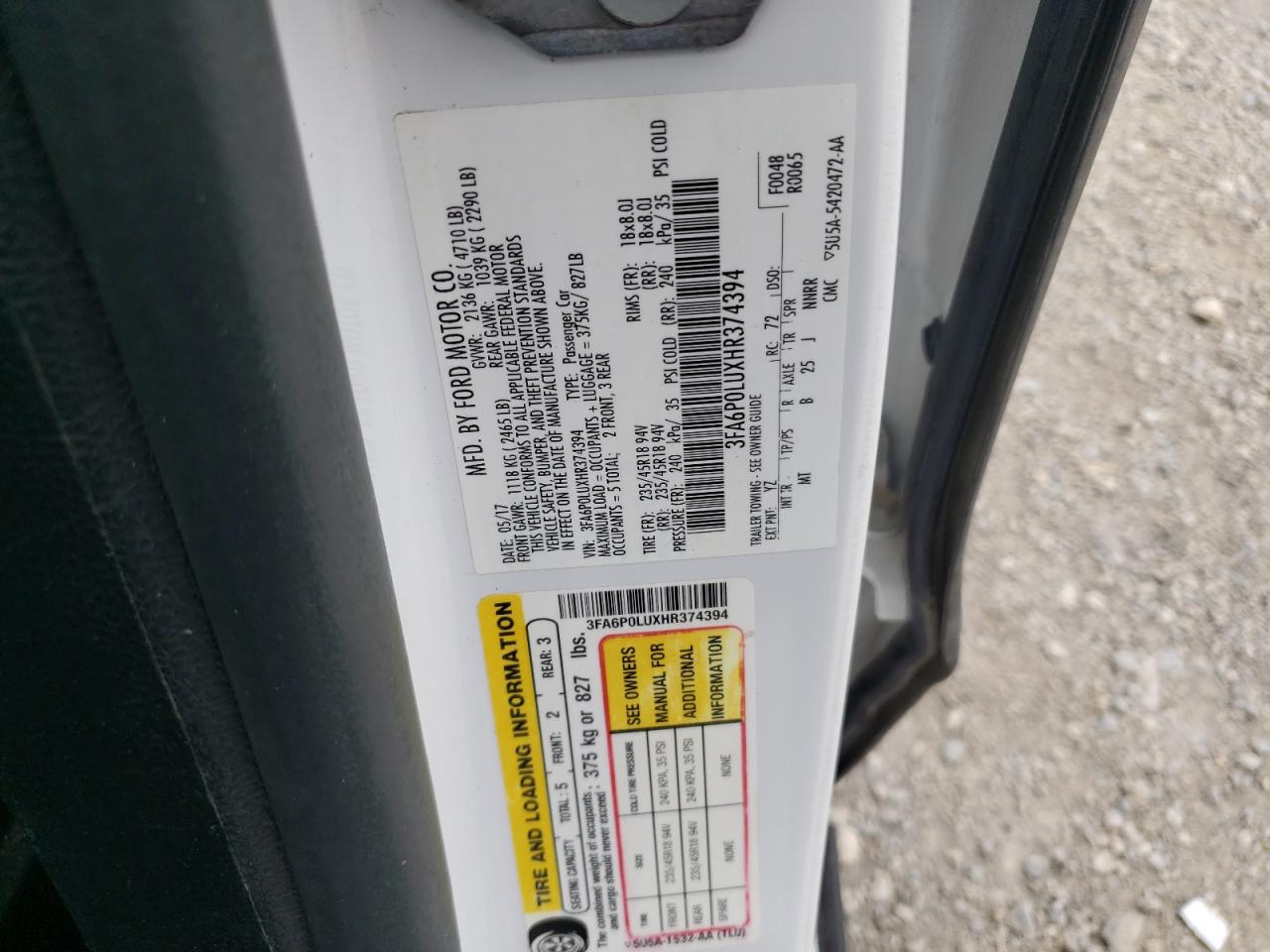 2017 Ford Fusion Se Hybrid VIN: 3FA6P0LUXHR374394 Lot: 85497865
