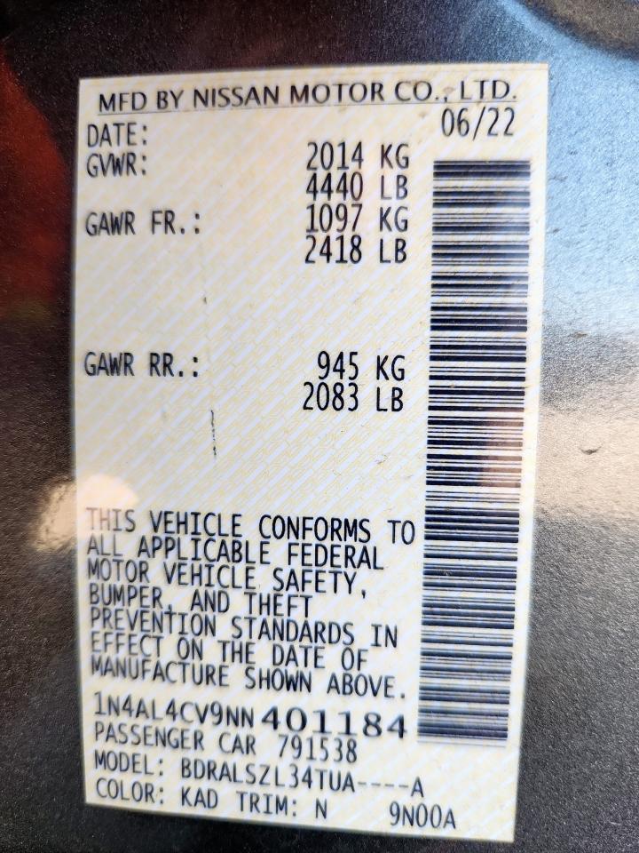 2022 Nissan Altima Sr VIN: 1N4AL4CV9NN401184 Lot: 86260685