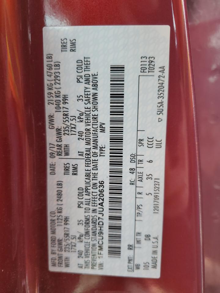 2018 Ford Escape Sel VIN: 1FMCU9HD7JUA20636 Lot: 82744805