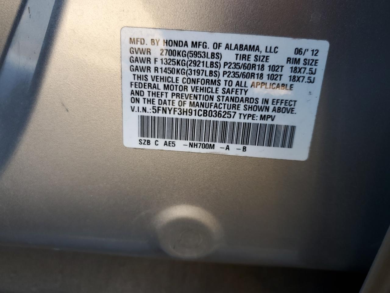 2012 Honda Pilot Touring VIN: 5FNYF3H91CB036257 Lot: 86178175