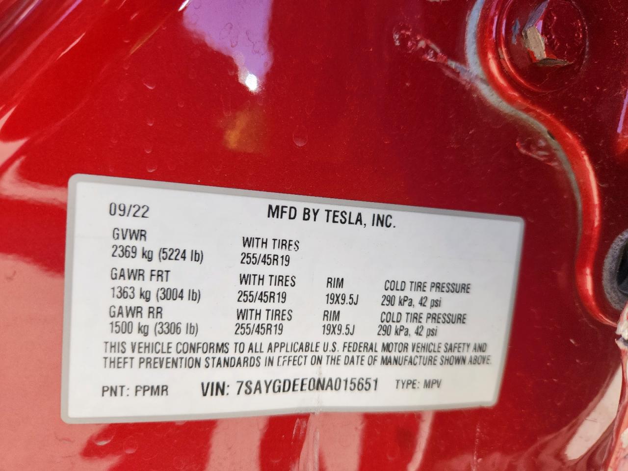 2022 Tesla Model Y VIN: 7SAYGDEE0NA015651 Lot: 86467635