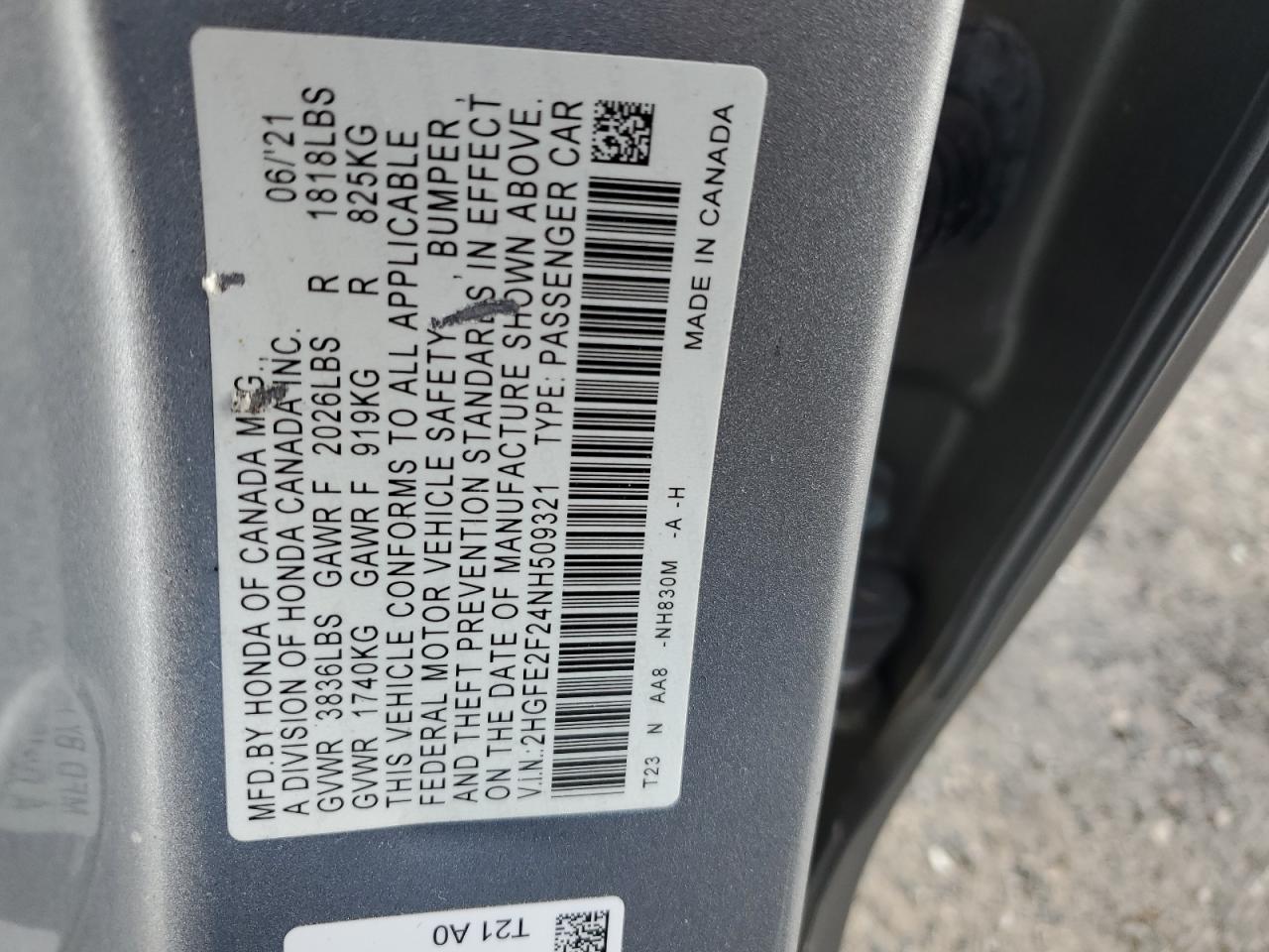 2022 Honda Civic Lx VIN: 2HGFE2F24NH509321 Lot: 85707015