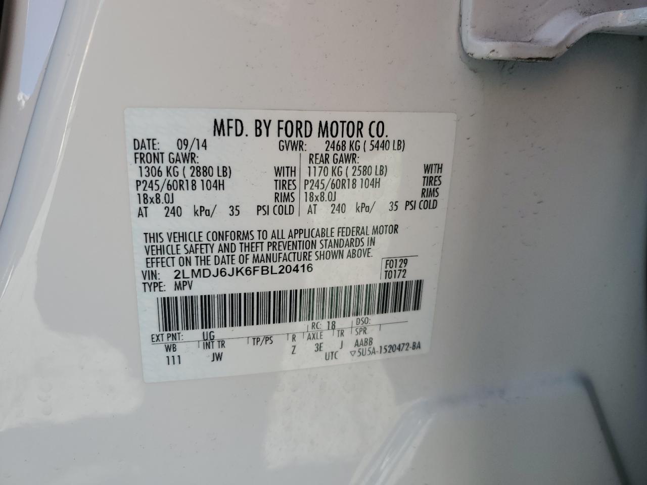 2015 Lincoln Mkx VIN: 2LMDJ6JK6FBL20416 Lot: 85897605