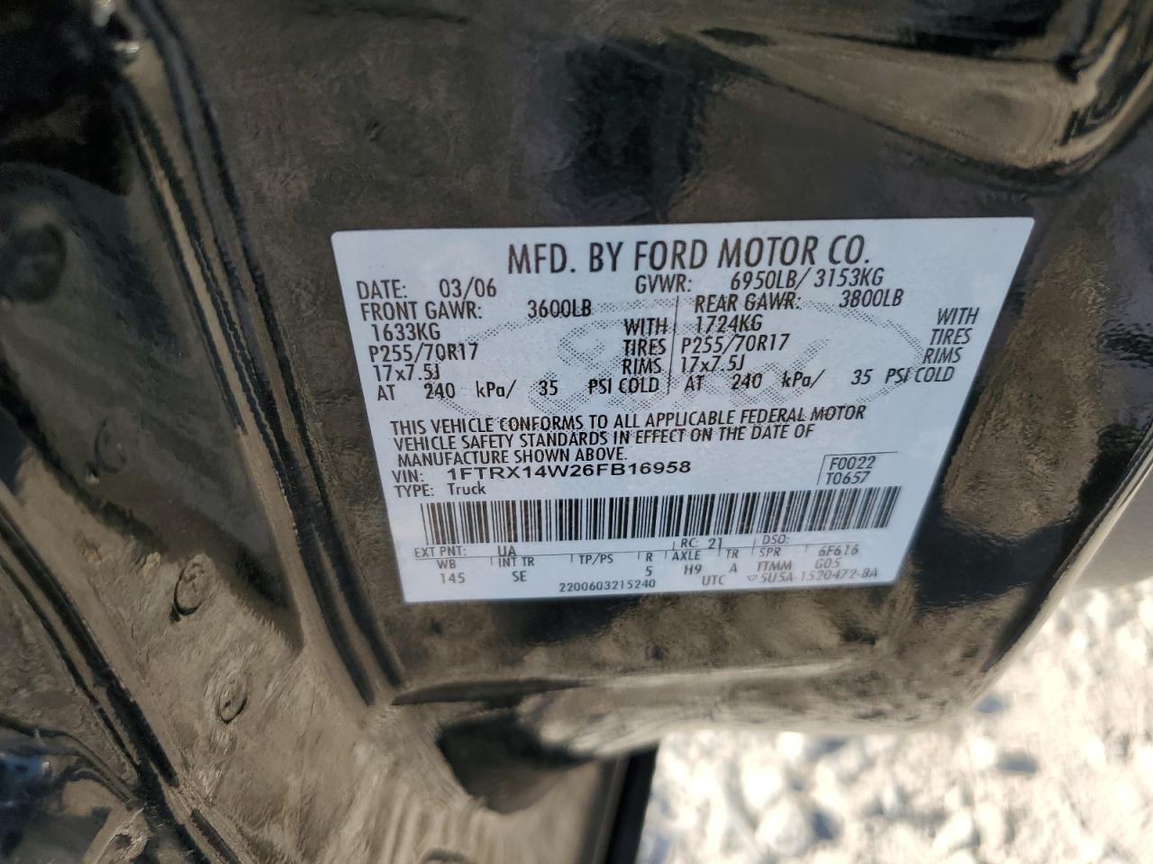 2006 Ford F150 VIN: 1FTRX14W26FB16958 Lot: 89439455